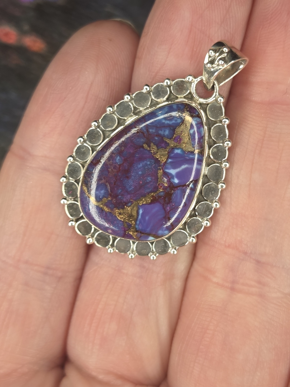 Purple & Gold Teardrop Stone Pendant Necklace - Sterling Frame